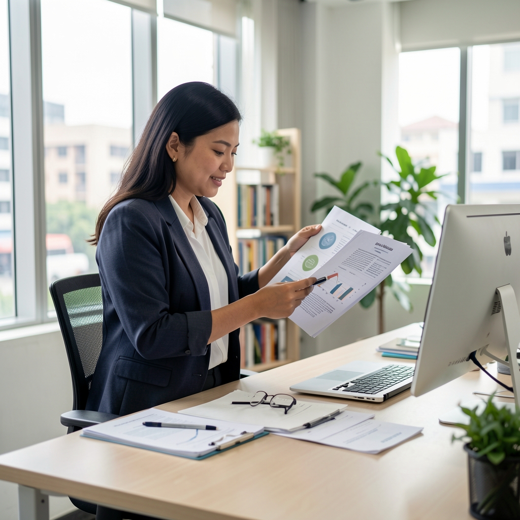 Indonesian woman in her mid-thirties at a standing desk reviewing nutritional research papers, bright Jakarta workspace, professional editorial photography
