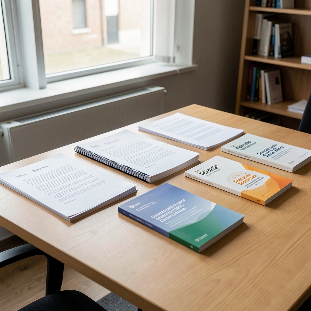 Research documents and peer-reviewed nutritional journals spread across a clean wooden desk in a quiet South Jakarta editorial office, natural window light, documentary flat-lay photography
