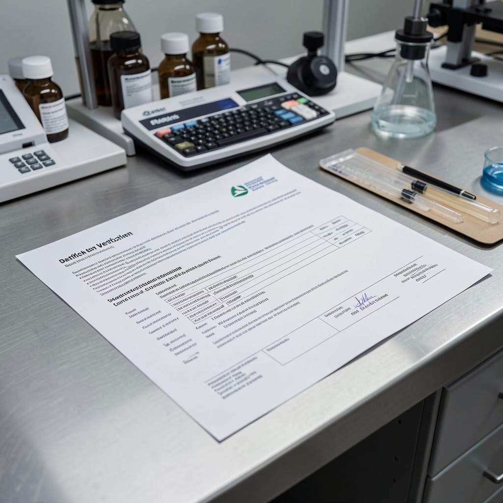Close-up of batch verification documents and ingredient certificate of composition on a quality-control bench, under controlled studio lighting, editorial documentation photography