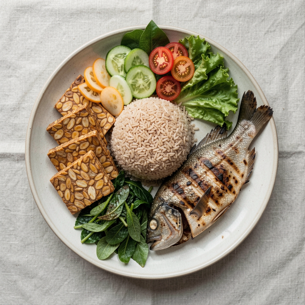 Top-down editorial shot of a balanced Indonesian meal spread on linen tablecloth including tempeh, brown rice, fresh vegetables and grilled fish, natural daylight photography